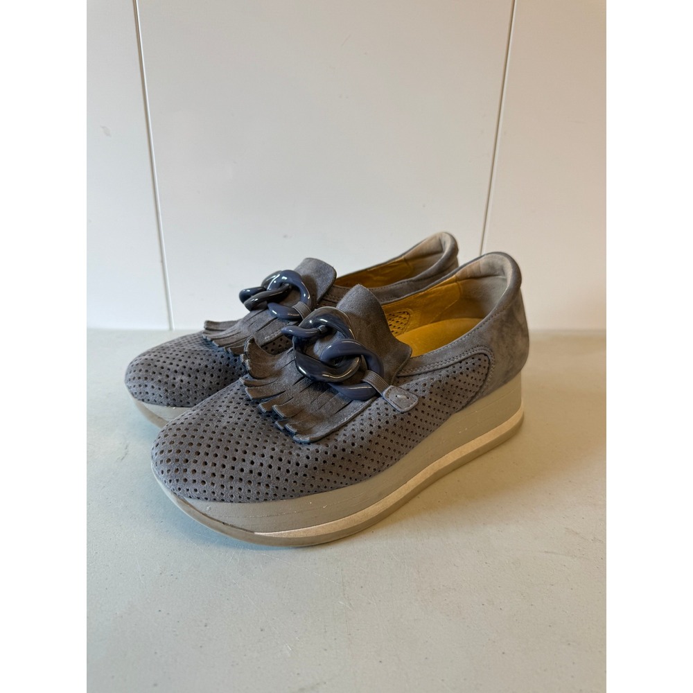 Softwaves Grey Suede Perforated Platform Kiltie Chain Loafers Size 38